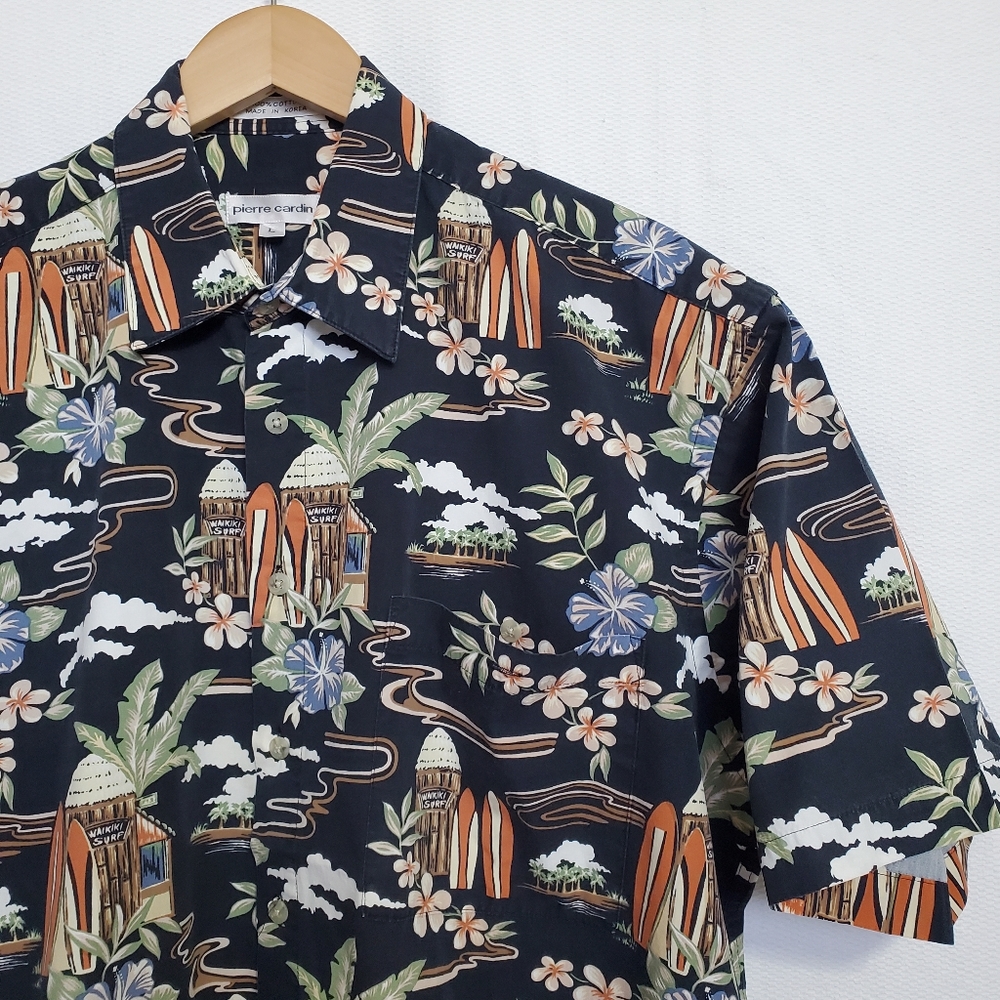 Pierre Cardin Hawaiian Tiki  Print Short Sleeve Button Down Shirt Mens Large